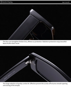 Macro detail of M307 sunglasses featuring premium hinges and UV400 thick protective lenses