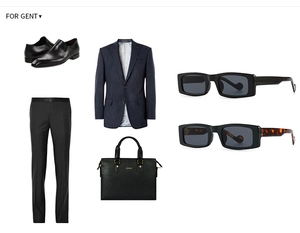 Close-up of modern rectangular sunglasses paired with business attire and leather bag