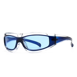Modern wrap-around square sunglasses with blue lenses and dual-layer transparent frames