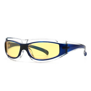 Modern night vision square sunglasses with yellow lenses and dual-tone blue-clear frames