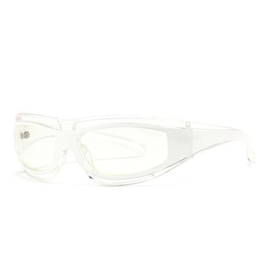 Modern white semi-transparent wraparound sunglasses for women in a minimalist sporty style