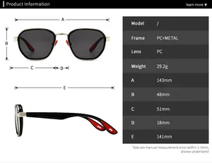 Detailed size chart for square sunglasses showing frame dimensions and PC metal material