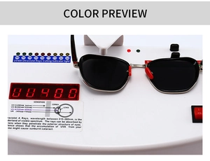 Detailed UV400 protection test showing professional-grade black square frame sunglasses