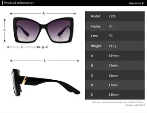 Detailed size specifications for trendy large frame cat-eye sunglasses with PC material