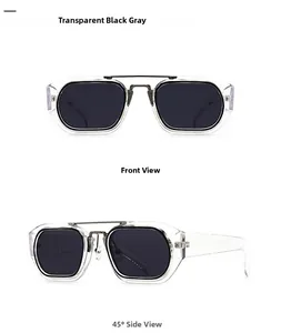Front- und Seitenansicht der Vintage Rechteck-Sonnenbrille in Transparent Schwarz Grau
