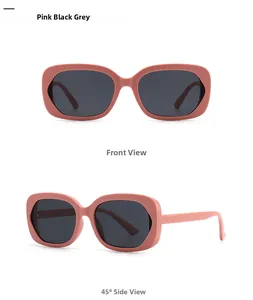 Vues de face et de côté de lunettes de soleil ovales rétro rose mat et verres gris