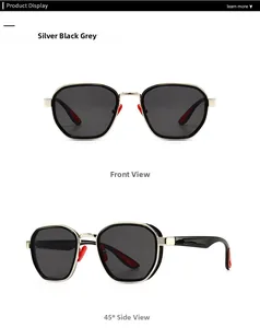 Front and 45-degree side views of silver metal square sunglasses with grey lenses