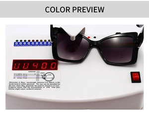 Detail showing square black sunglasses on a UV400 testing device for eye protection proof