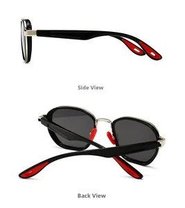 Detailed side and back view of rectangular sunglasses with red anti-slip accents