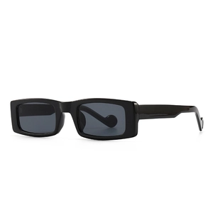 Retro slim rectangular sunglasses with wide black frames and unique curled temples