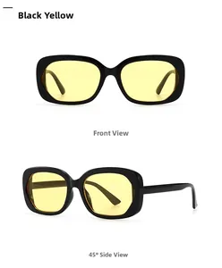 Vues détaillées de face et de côté de lunettes de soleil vintage avec monture noire et verres jaunes