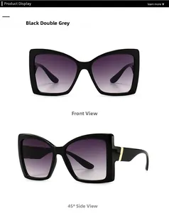 Detail of square cat-eye sunglasses with black frames and gradient grey lenses