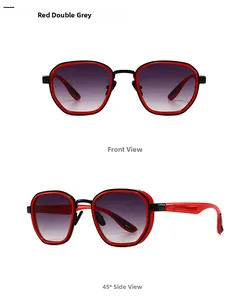 Front and 45-degree views of red and black square sunglasses with grey gradient lenses
