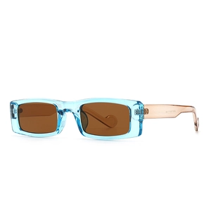 Retro rectangle sunglasses with light blue translucent frames and warm brown lenses