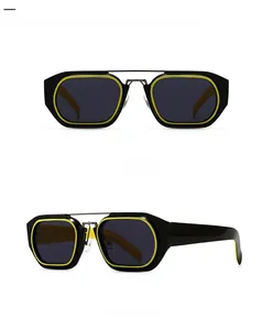 Detailansicht der Retro-Quadrat-Sonnenbrille mit schwarz-gelbem Rahmen und Metallsteg