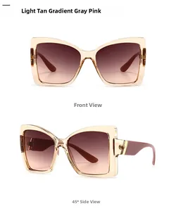 Front and 45-degree side view of modern butterfly cat-eye sunglasses in light tan and pink