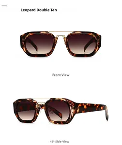 Front- und 45-Grad-Seitenansicht der quadratischen Sonnenbrille mit Leo-Print und Teeglas