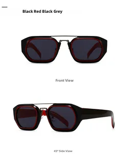 Detailansicht der modernen sechseckigen Sonnenbrille in Schwarz und Rot von vorne