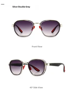 Detailed views of silver metal sunglasses with grey gradient lenses and red nose pads