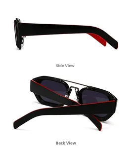 Detailansicht der quadratischen Retro-Sonnenbrille mit schwarzem Rahmen und roter Innenseite