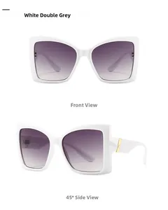 Detailed views of white square sunglasses featuring gradient grey lenses and gold accents
