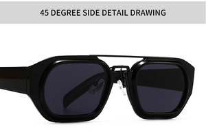 Detaillierte 45-Grad-Seitenansicht der schwarzen Vintage-Sonnenbrille mit Doppelsteg