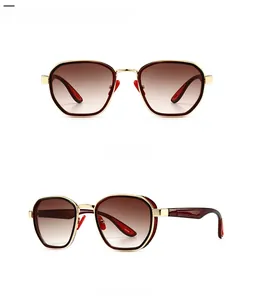 Detailed front and side view of gold metal vintage sunglasses with tan gradient lenses