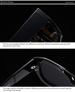 Details der Metallscharniere und UV-Schutzgläser der modernen quadratischen Sonnenbrille