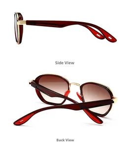 Detailed side and back view of burgundy rectangle sunglasses with gold metal hinges