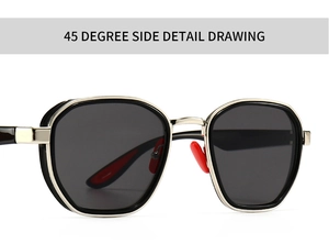 45-degree side view of silver hexagonal sunglasses with red nose pads and grey lenses