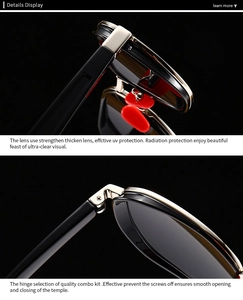 Detail of metal frame sunglasses showing UV protection lens and red silicone nose pads