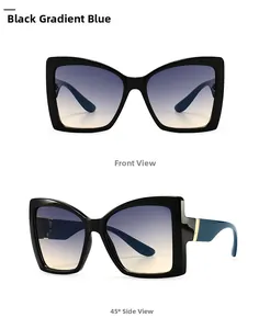 Close-up of square cat-eye sunglasses with black frames and gradient blue lenses
