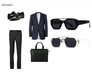 Flachbild von Herrenanzug, Lederschuhen, Tasche und stilvoller quadratischer Sonnenbrille