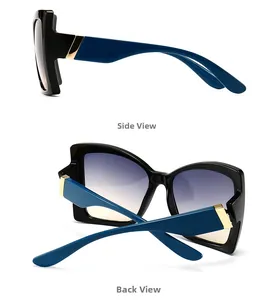 Side and back view of oversized square sunglasses with gold metal accent and blue arms