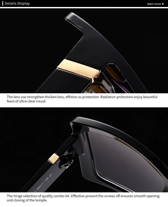 Detail of square black sunglasses showing golden metal hinges and premium thick lenses