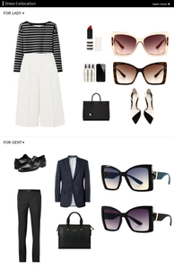 Fashion collage showing trendy square sunglasses with business casual outfits for men and women