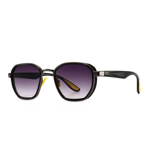 Modern metallic polygon sunglasses with purple gradient lenses and yellow accents