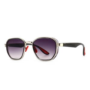 Modern square sunglasses with gradient purple lenses and gold metal frame on white background
