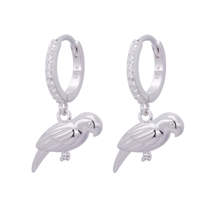 Detailed close-up of S925 sterling silver parrot charm earrings with sparkling zircons