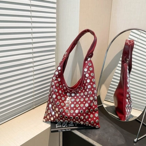 Gothic Rivet Underarm Bag Punk Hobo Shoulder Bag PU Leather Silver Metal Studs Large Capacity Retro Niche Women Commuter