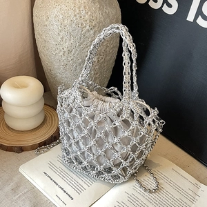 Handgewebte Netz Einkaufstasche Mit Kordelzug Innentasche Hohle Strandhandtasche Metallperlenkette Gold Silber Damen Nischendesign