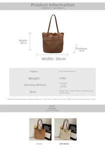 Detail view of woven tote bag with crochet hollow pattern and brown leather handles