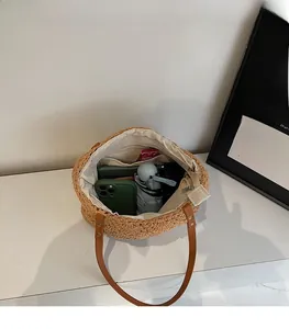 Internal view of a handwoven crochet tote bag showing its large capacity and canvas lining