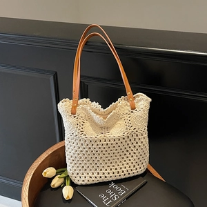 Handmade Crochet Woven Tote Bag Cotton Hollow Out Floral Summer Beach Shoulder Bag With PU Leather Handles And Zipper
