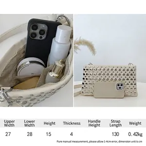 Off-white punk rivet shoulder bag showing interior capacity and dimensions for daily items
