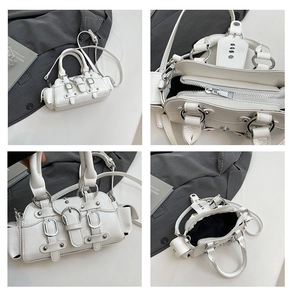 Détails du sac blanc style motard avec rivets argentés et texture cuir