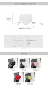 Detailed dimension chart for heart-shaped quilted PU handbag with chain strap