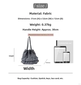 Detailed dimension guide of black and white checkered canvas tote bag with size specifications