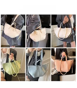 Detailed views of diverse large tote bags with adjustable drawstrings and shoulder straps