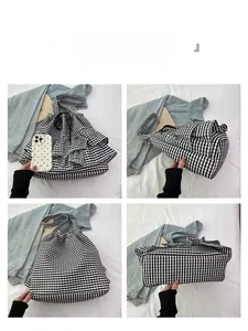 Detail views of gingham ruffle tote bag with tiered lace and drawstring closure